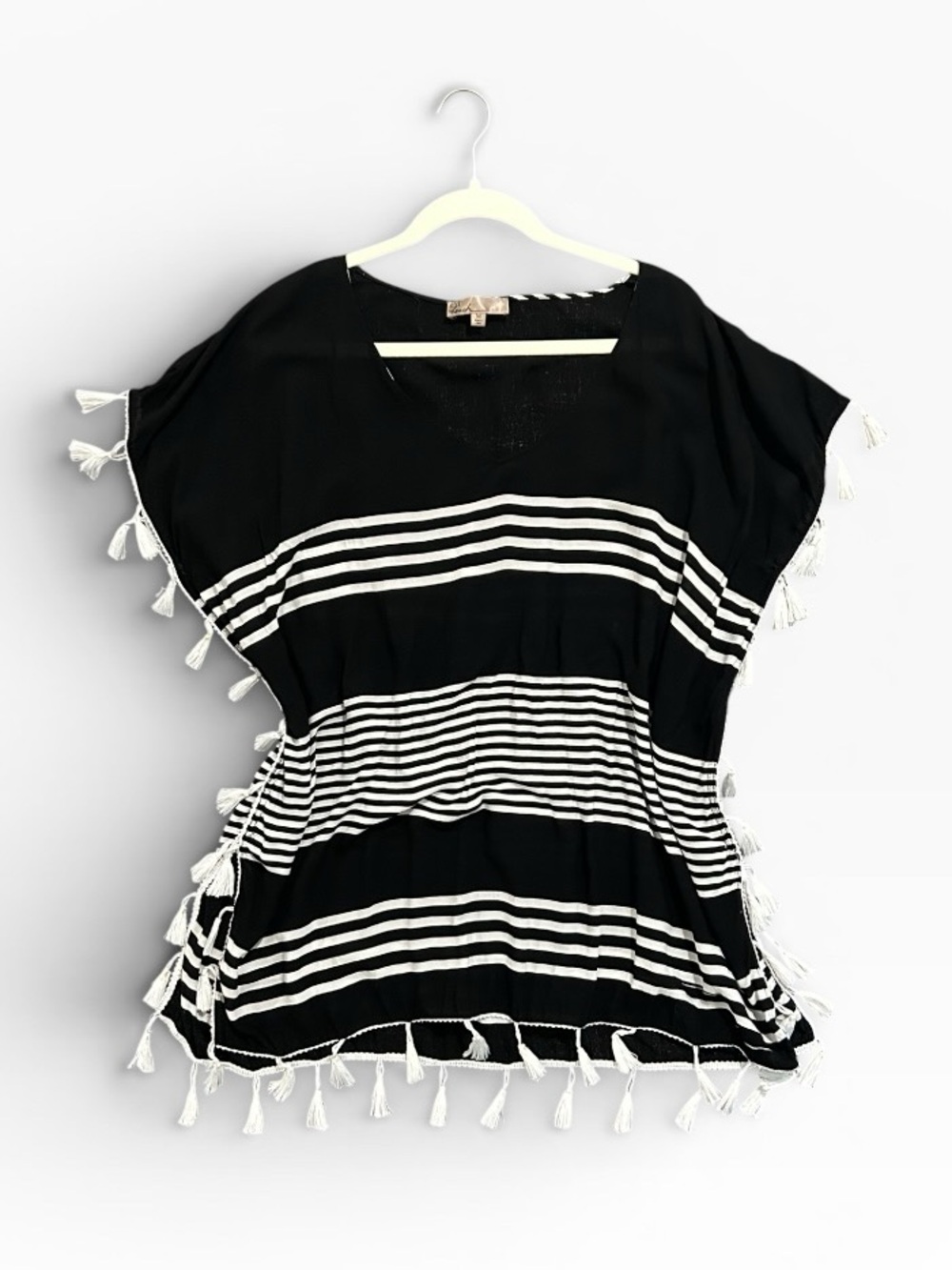 Black & White Striped Tassel Swim Coverup